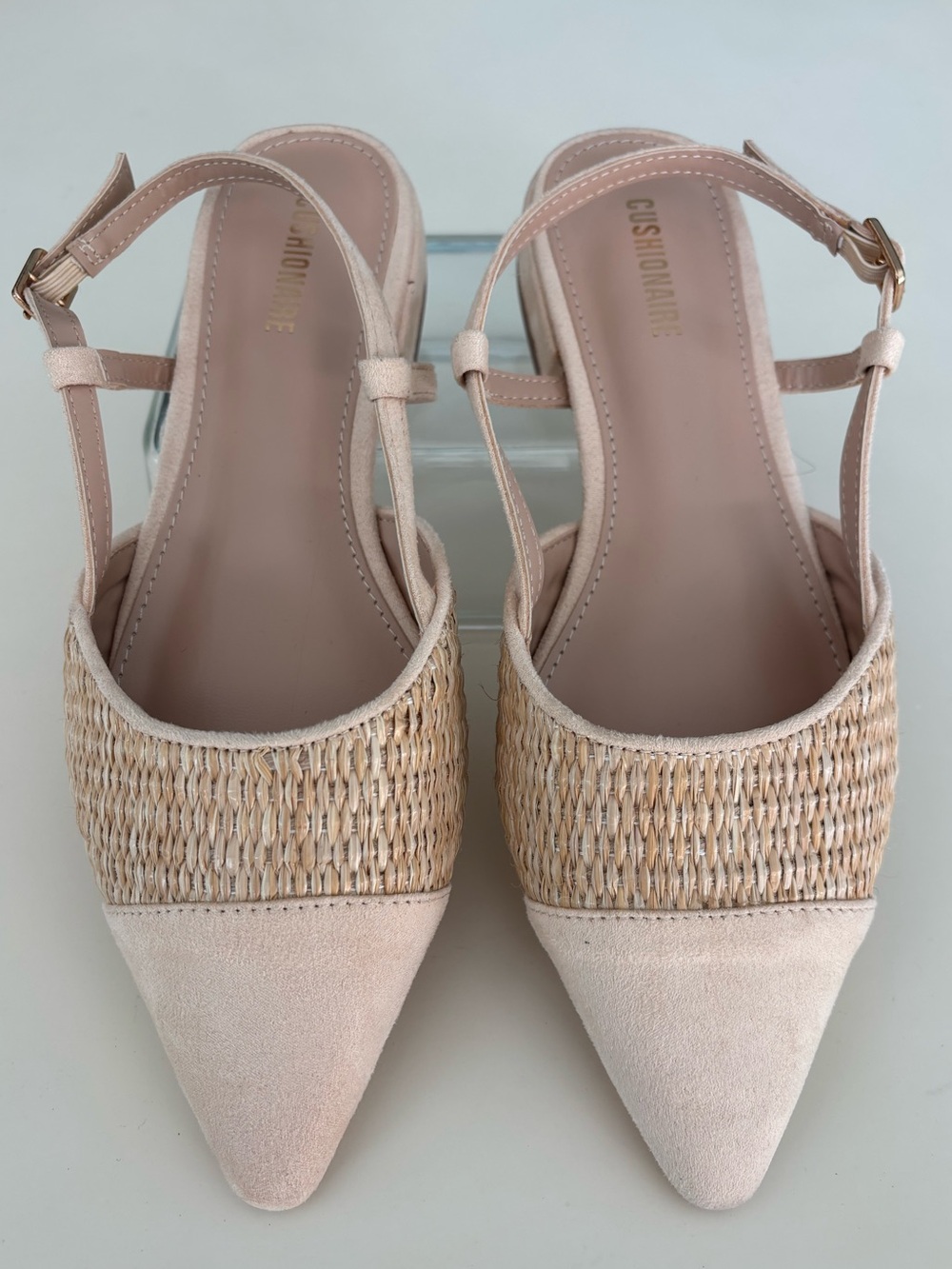 Pointed-Toe Woven Ankle-Strap Slingback Low Heels in Beige/Blush 6.5